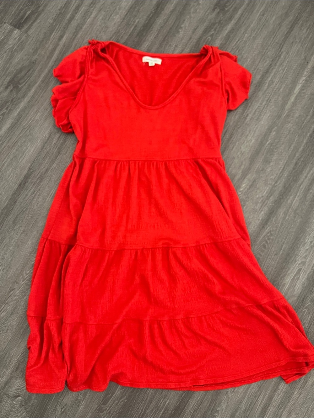 Max Studio Bright Red Tiered Midi Dress with Puff Sleeves